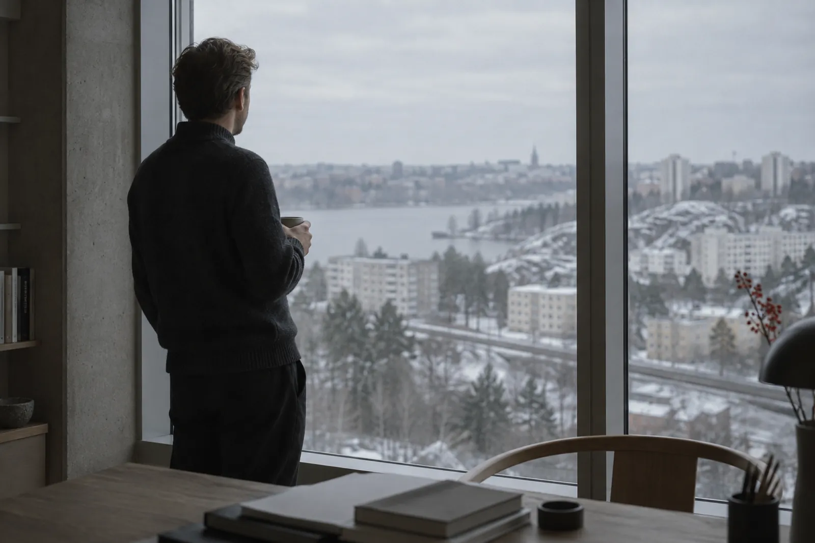 En person i mörk ylletröja står vid ett högt kontorsfönster med en kaffekopp och ser ut över en snöig Stockholmsförort