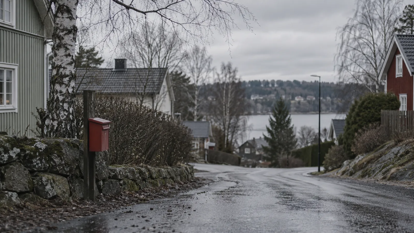 En lugn villagata i Rönninge en tidig vår: kala björkar, trähus i dämpade färger, våt asfalt och en röd brevlåda