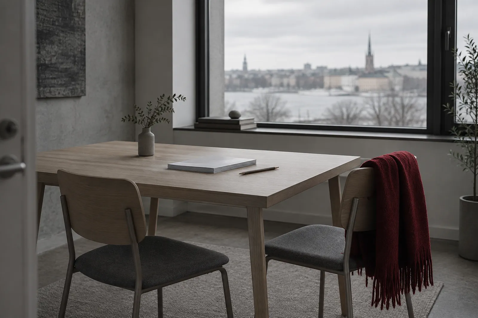 Ett litet mötesrum med ett bord, två stolar och ett fönster med utsikt över Stockholm i vinterljus