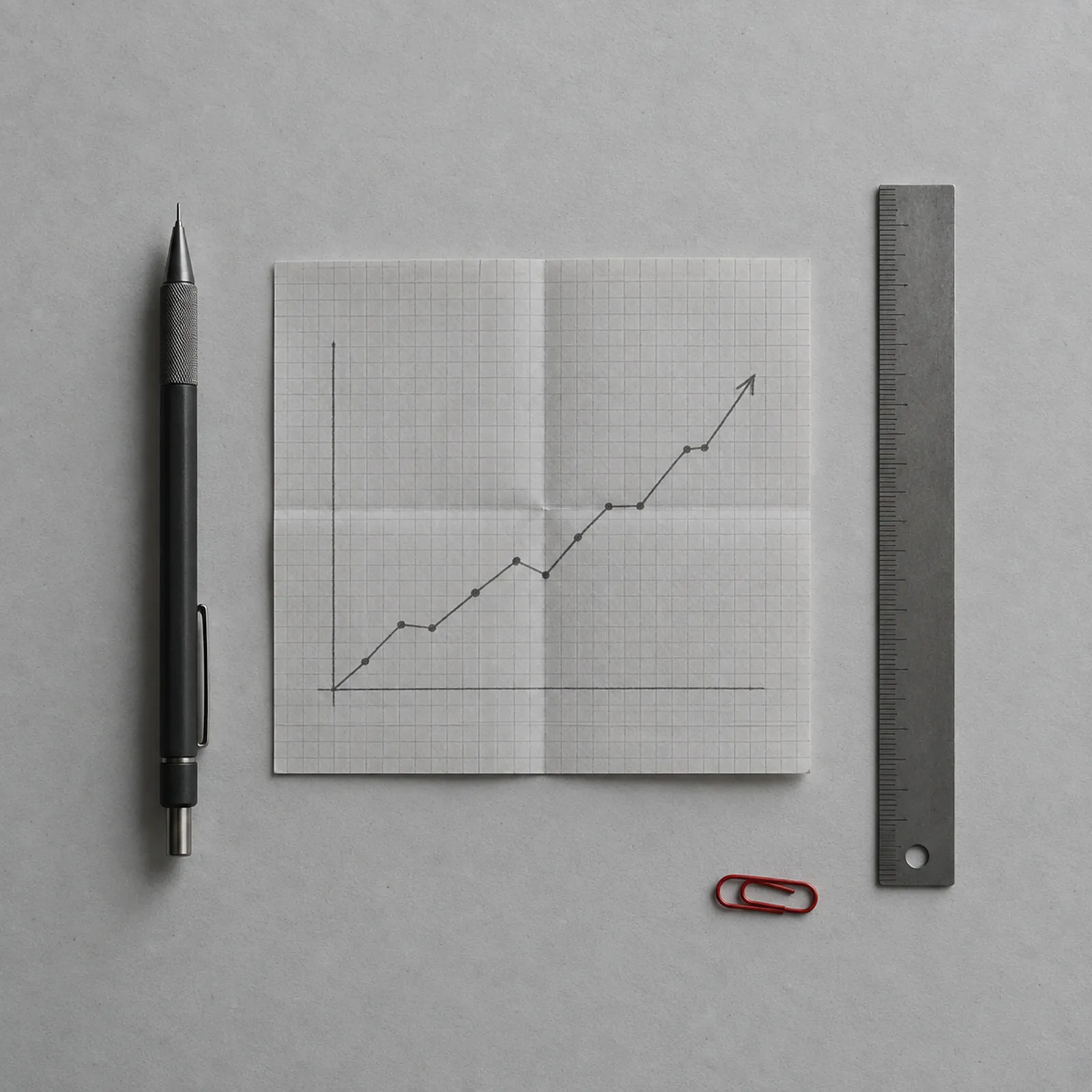 Ett rutat papper med ett handritat, stigande linjediagram, en stiftpenna, en linjal och ett rött gem