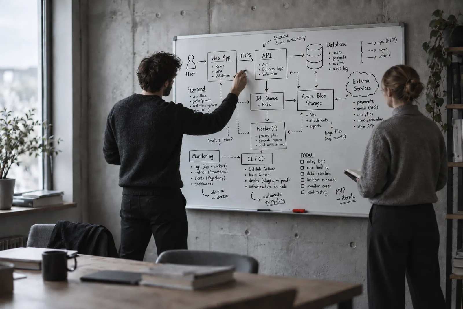 Två personer vid en whiteboard: den ena ritar ett systemdiagram, den andra lyssnar med ett anteckningsblock