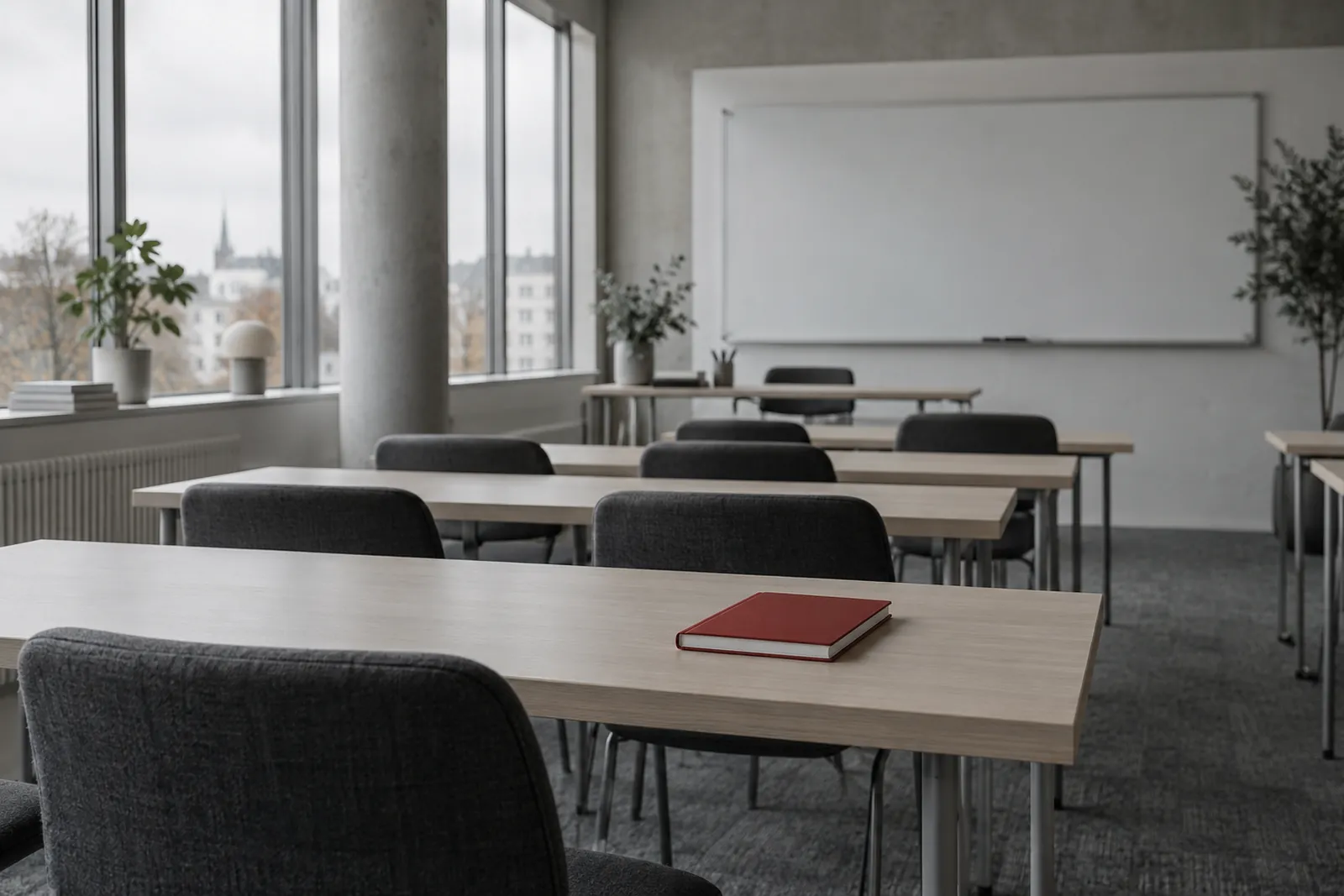 En ljus kurssal före kursstart: rader av bord, stolar inskjutna, en tom whiteboard och en röd anteckningsbok på främsta bordet